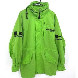 Kawasaki Mens Racing Moto Jacket Med Green Windbreaker Hooded Embroidered Logo